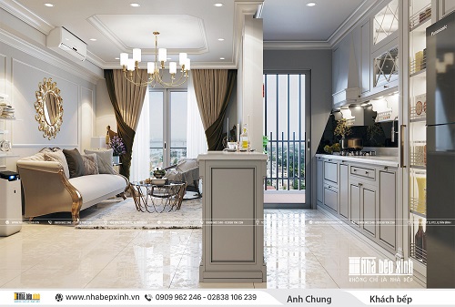 Thiết kế nội thất phòng khách - bếp tân cổ điển sang trọng, lịch lãm căn 84m2 Emerald Celadon City